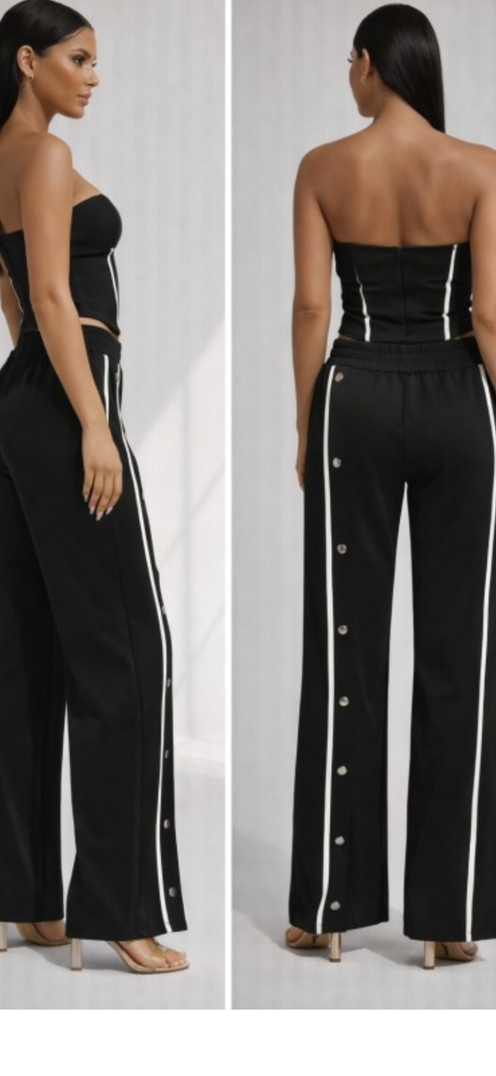 Black strapless jumpsuit with white accents 
